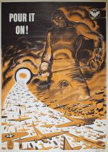 vintage ww II poster featuring cartoon of large shirless man wearing googles and pouring vintage airplanes from his shovel.