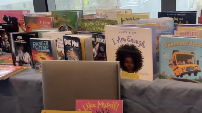 Children's picture books displayed as part of field trip.