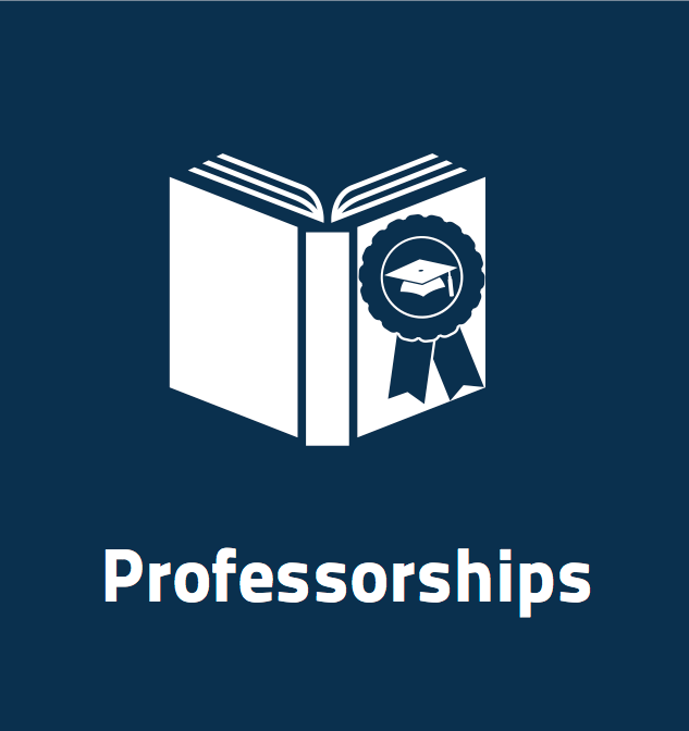 Button featuring book with ribbon and graduation cap, text reads: Professorships