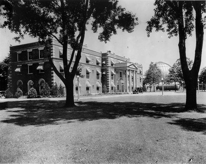 This five-story steel sphere was used for oxygen-therapy for patients at the Cunningham Sanitarium, ca. 1930.  Cleveland Press Collection, CSU Archives.