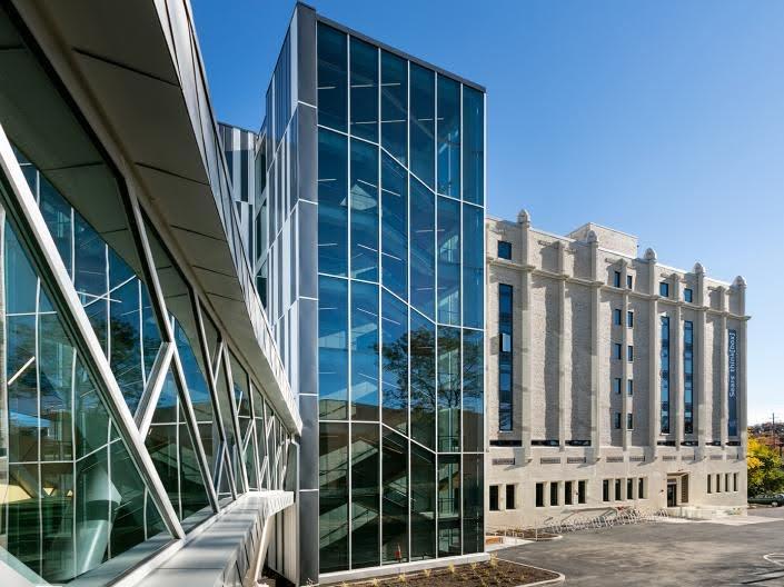A glass-sided building on CWRU campus