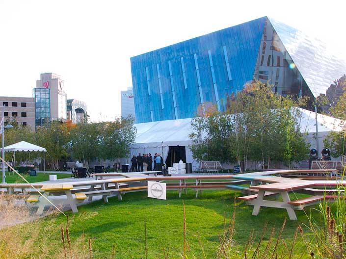 Photo of Toby's Plaza in Uptown Cleveland, with MOCA Cleveland in the background