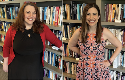 Dr. Shannon French and Beth Trecasa Standing with Bookshelves in The Inamori Center
