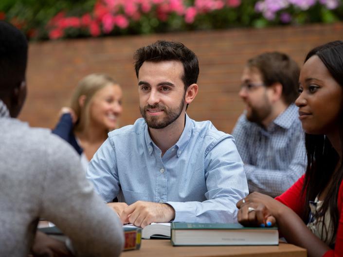 Case Western Reserve University Law students chatting outside of the Law School