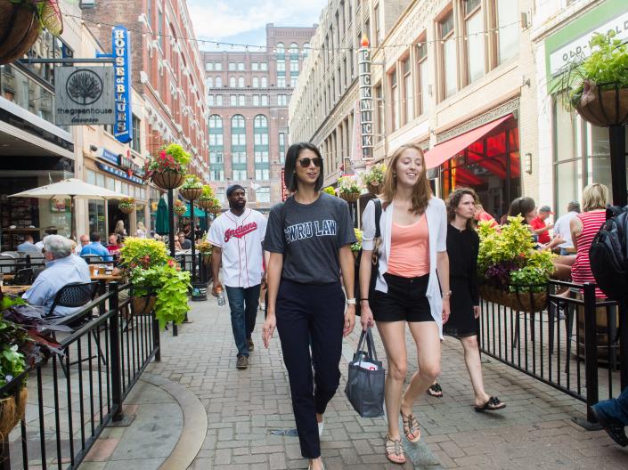 students walking downtown
