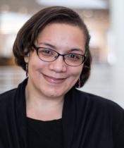 Angela Sloan in the library atrium