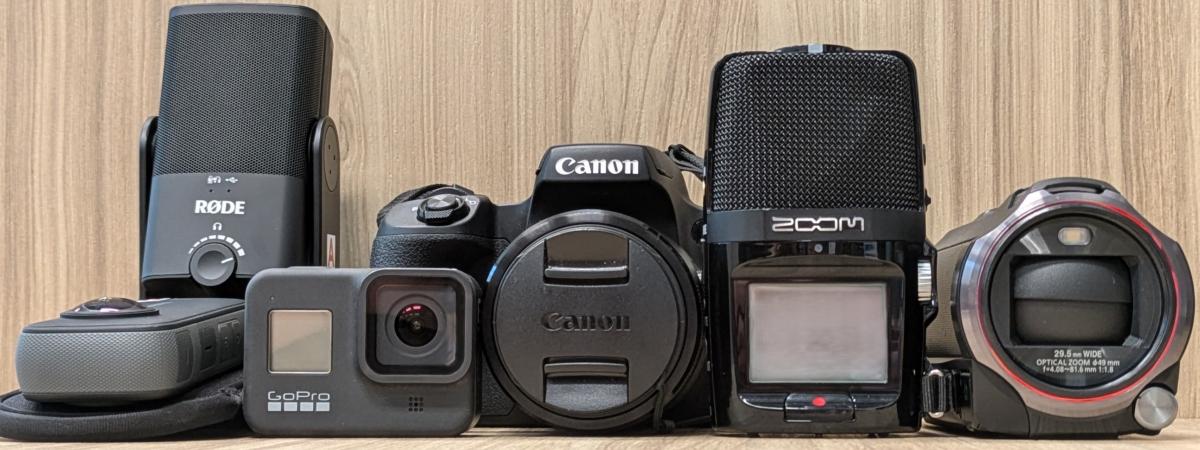 Portrait photo of audio recorders and cameras.