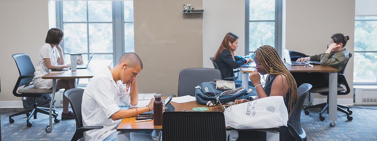 Students studying at tables by windows
