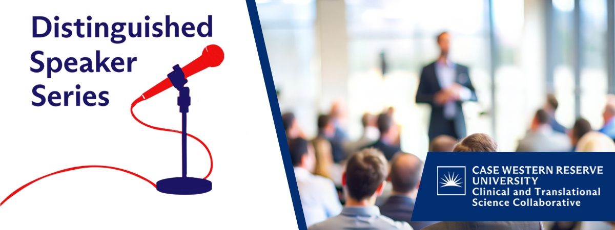 Distinguished Speaker Series logo and out of focus audience and speaker