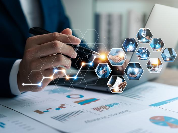 Person clicking on images in air