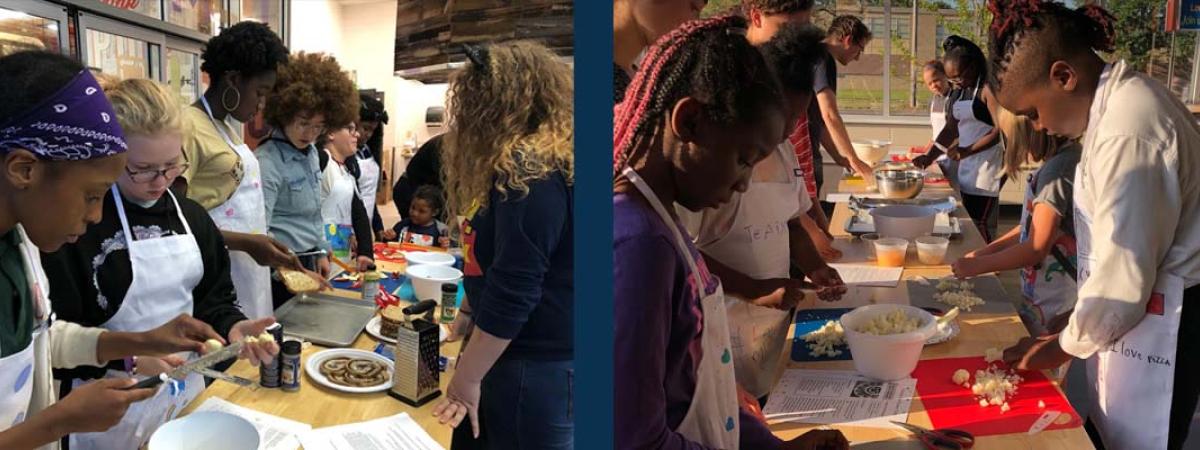 A composite image of children participating in a group cooking class.