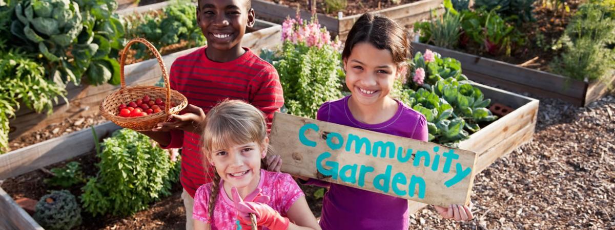 3 children standing in a community garden