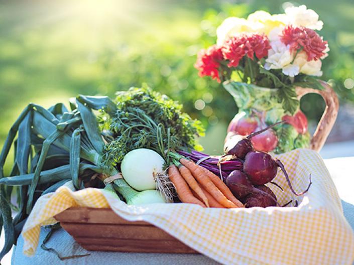 Image of brown wood square serving dish covered with white and yellow checkered cloth, on which are onions, carrots and beets with stems on, and an egg, behind which is a pitcher deocarated with apples, ,greens and browns, which contain red and white flowers.  There is a green field and bright sun in the background