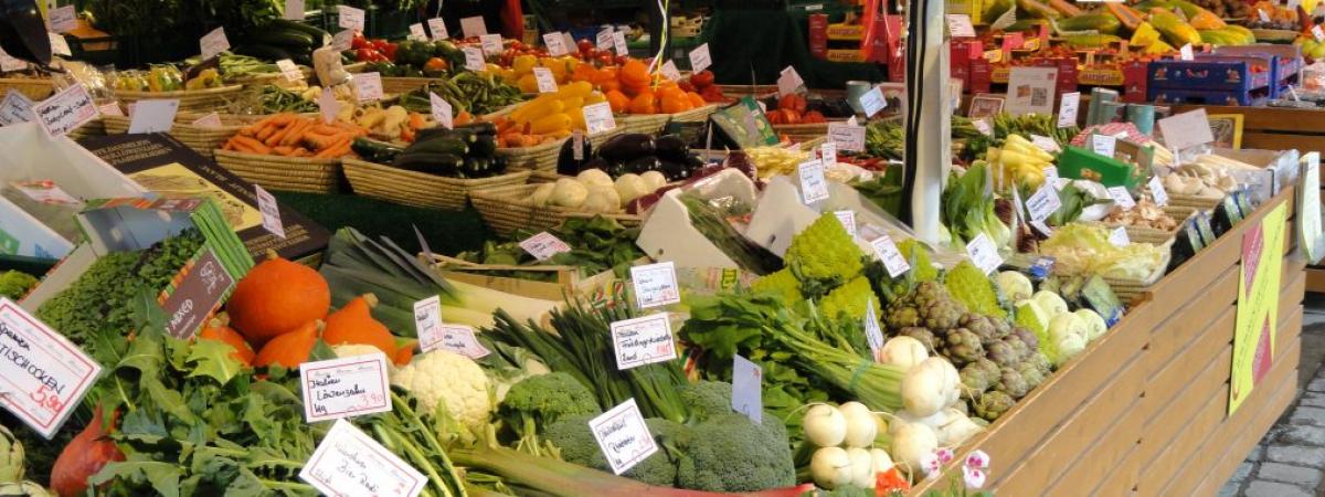 fruits and vegetables on display at an outdoors farmers market