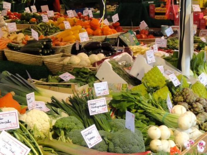 fruits and vegetables on display at farmers market