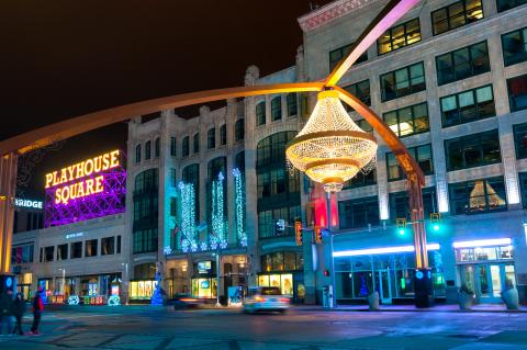 Image of playhouse square sign and chandelier