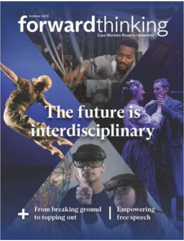 magazine cover for Forward Thinking with people looking at a VR headset, dancing and doing research