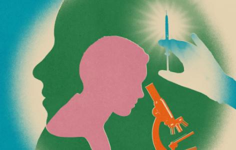 Illustration of person looking into microscope of needle in background