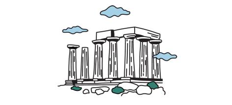 A black and white illustration of ancient Greek ruins with columns and a partial roof.