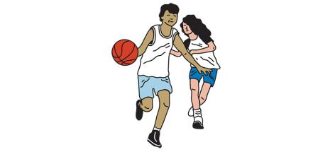 An illustration of two teens playing basketball together.