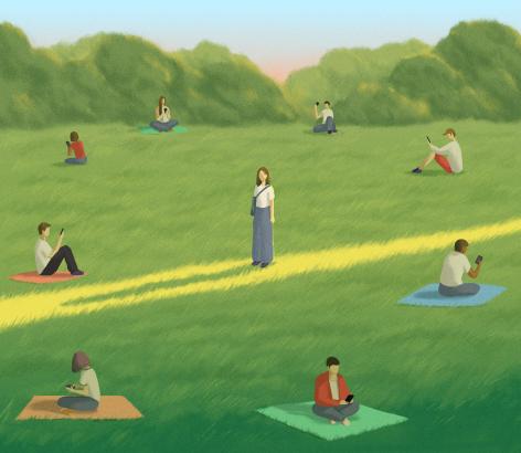 An illustration of people sitting on blankets in a grassy field, all alone and absorbed with their phones, while one person stands alone in the center.