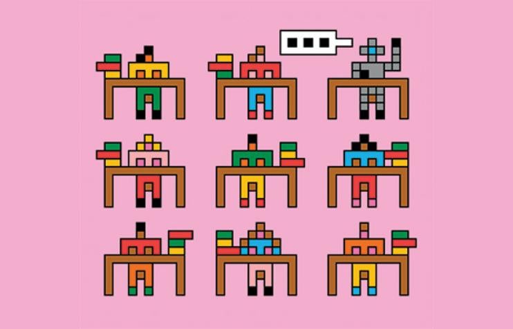 Pixel art of nine figures at desks against a pink background. The upper-right figure, having a robot-like look, raises a hand with a speech bubble above, symbolizing communication.