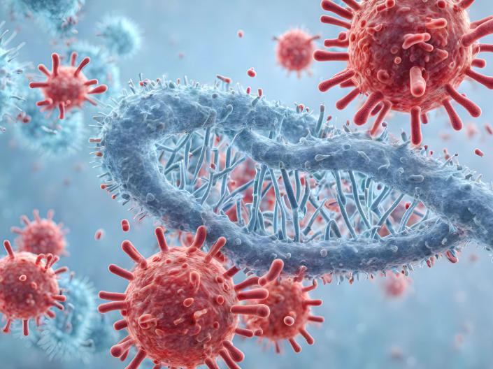 Photo illustration of virus cells attacking a DNA strand