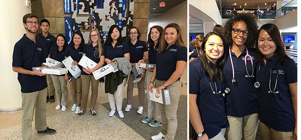 Two group photos of students smiling after receiving their stethoscope