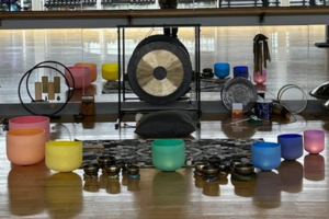 Sound bowls of various colors and sizes and a gong
