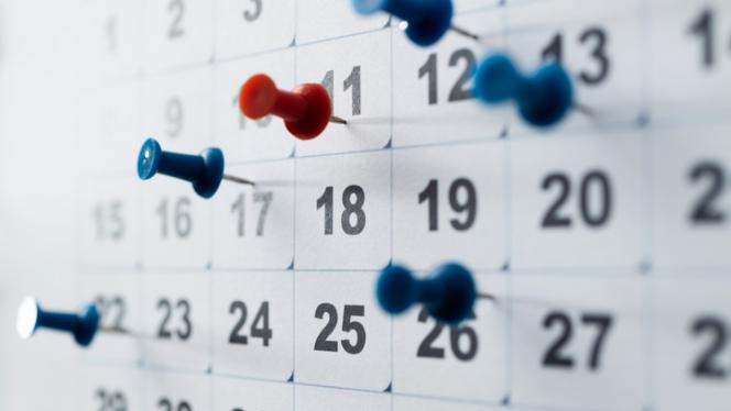 Thumbtacks in a calendar.