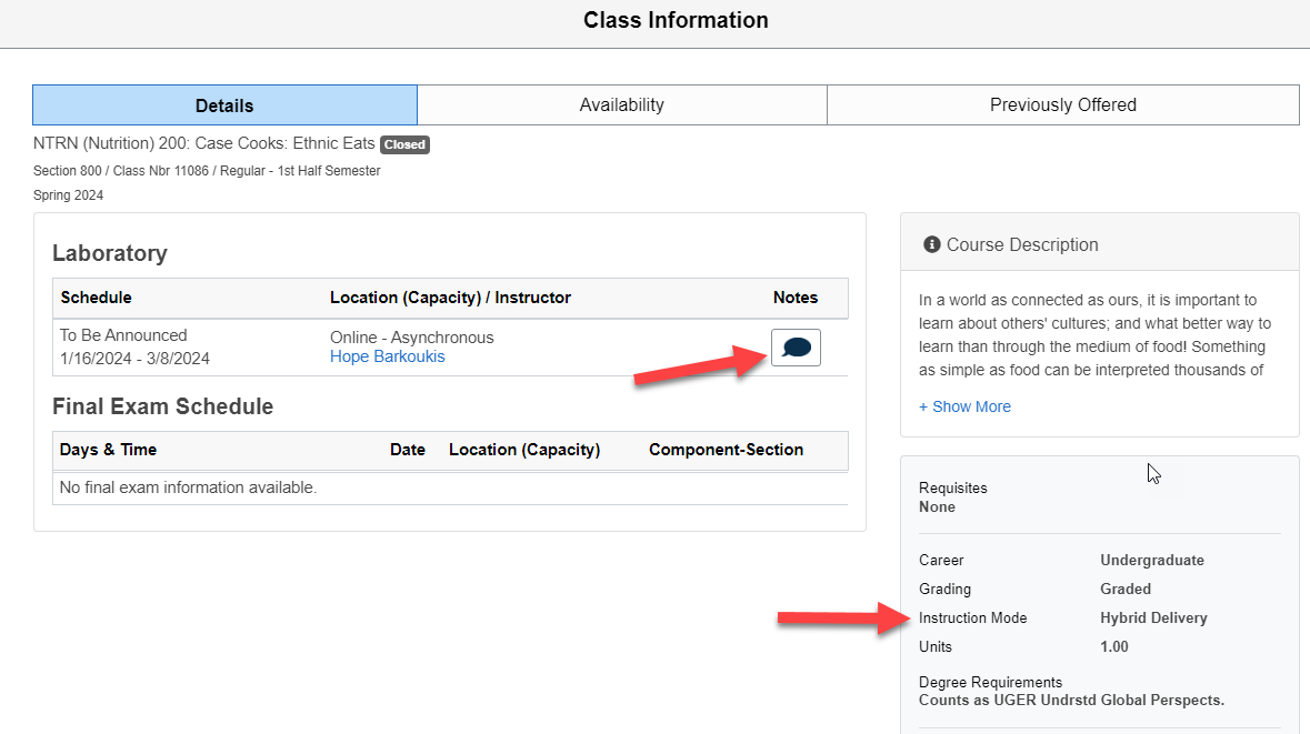 Image of Class Information in Class Search with arrows pointing to the location of Class Notes and Instruction Mode.