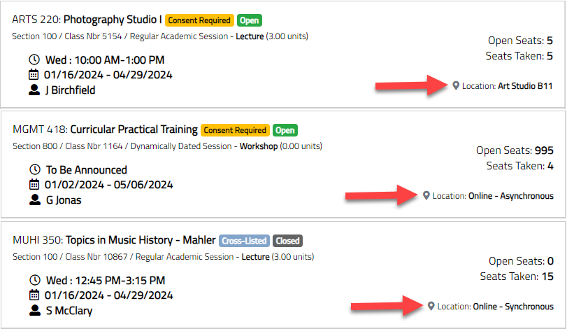 Screenshot of search results in Class Search