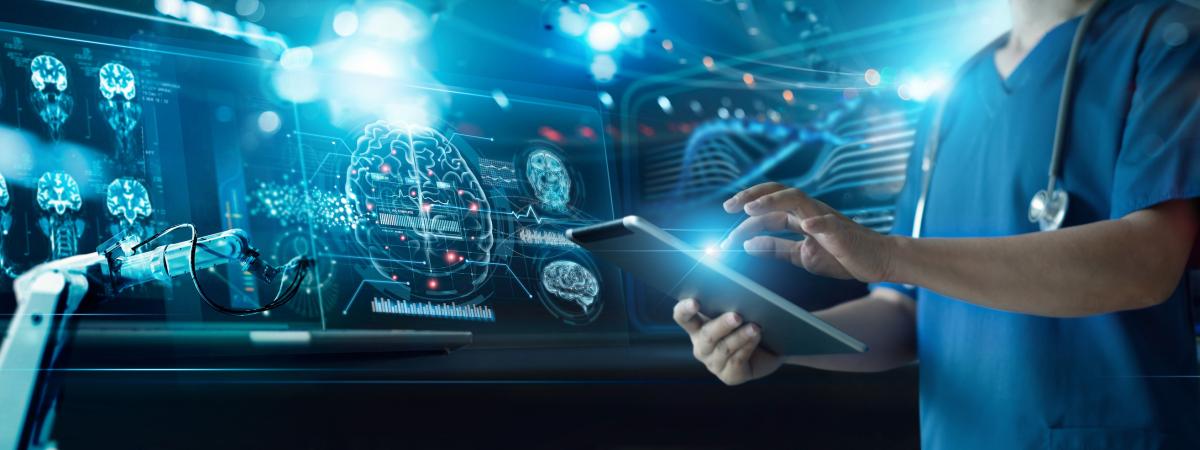 Medical professional uses ipad with 3D concept projections of brain scans in the background