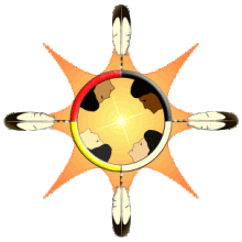 Feathers and images of people's faces in a star shape