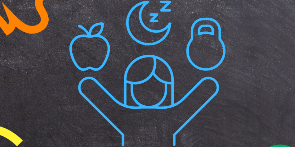 Image of a person with a fruit, a moon with Zs, and a dumbbell