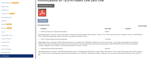 Immunizations tab on left. Show details box checked on right