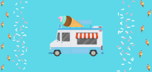 Ice Cream truck with sprinkles and ice cream cones around it