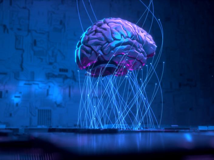 Abstract digital illustration of a 3D brain suspended by glowing wires
