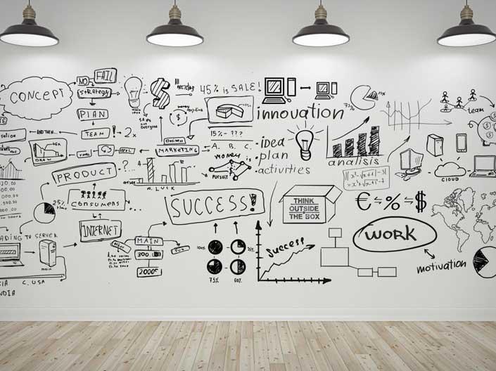 Stock image of a whiteboard covered in planning ideas