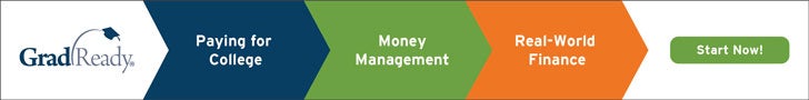Grad Ready banner that includes different sections on paying for college, money management and real-world finance