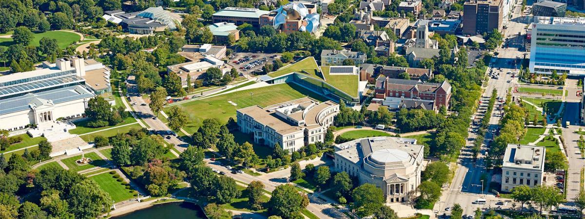 Aerial view of campus in summer