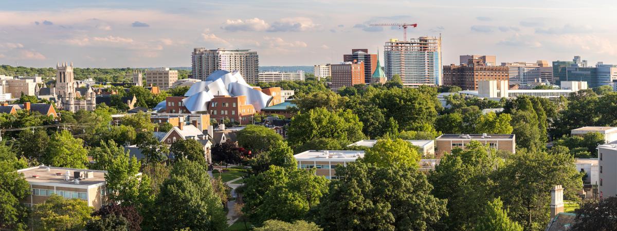 Aerial view of the Case Western Reserve University campus on a sunny day