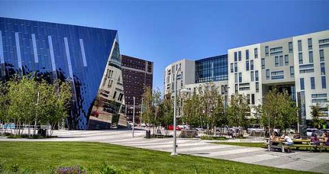 view of uptown at case western reserve university, with Museum of Contemporary Art Cleveland on left and Toby's Plaza in foreground