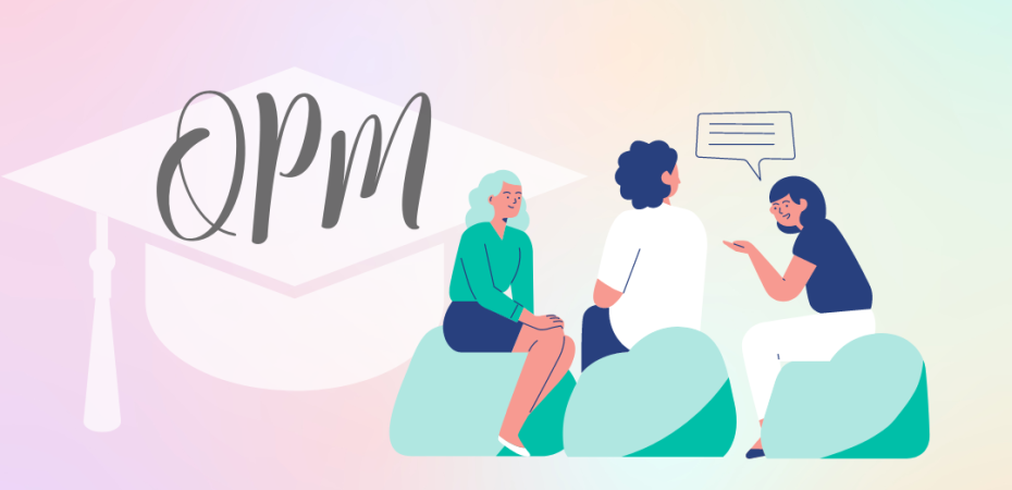 The letters Q, P, M are at the top of the page in front of a graduation cap and 3 students are sitting in a circle on beanbag chairs talking