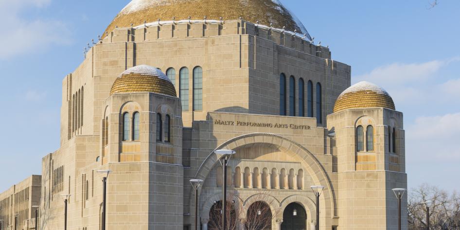 Maltz Performing Arts Center building, side view with a light covering of snow