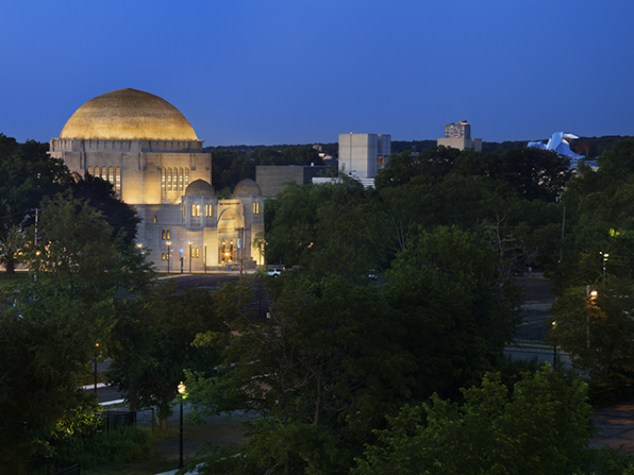 Maltz Center exterior at night with lighting