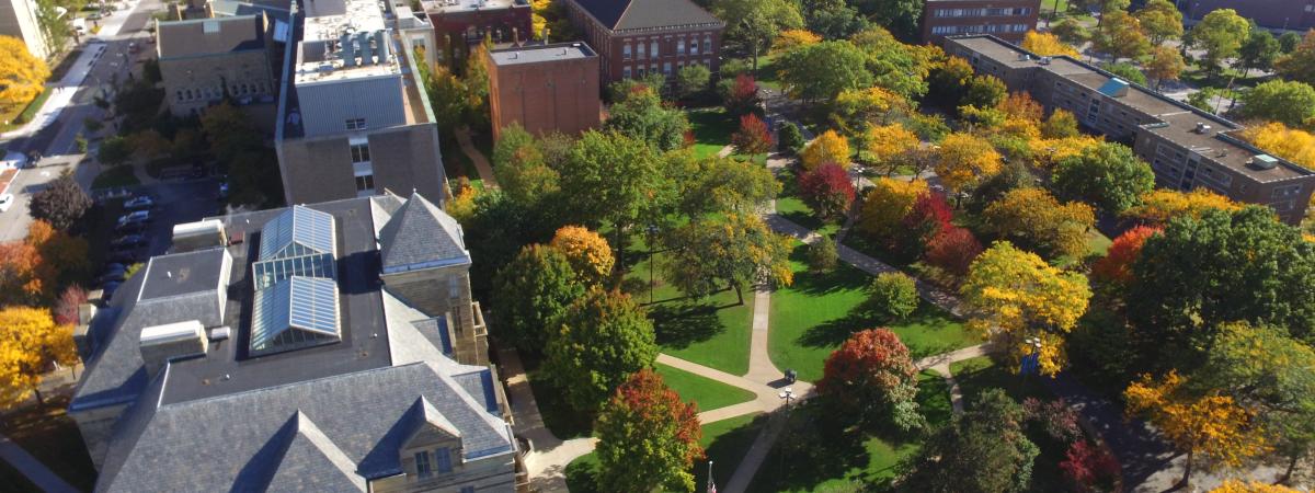 aerial view of campus with buildings and fall trees