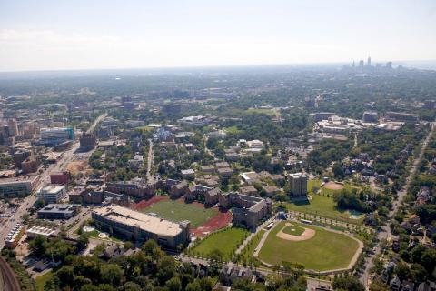 An aerial shot of campus