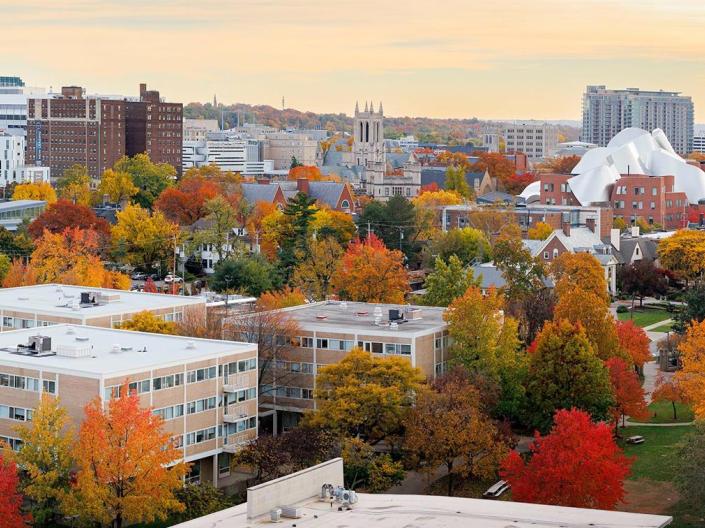 birds eye view of case campus in fall