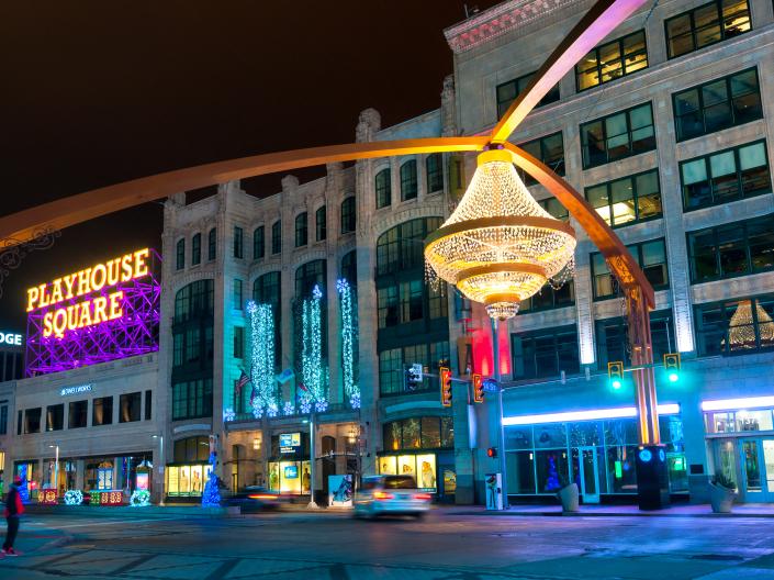 Image of playhouse square sign and chandelier